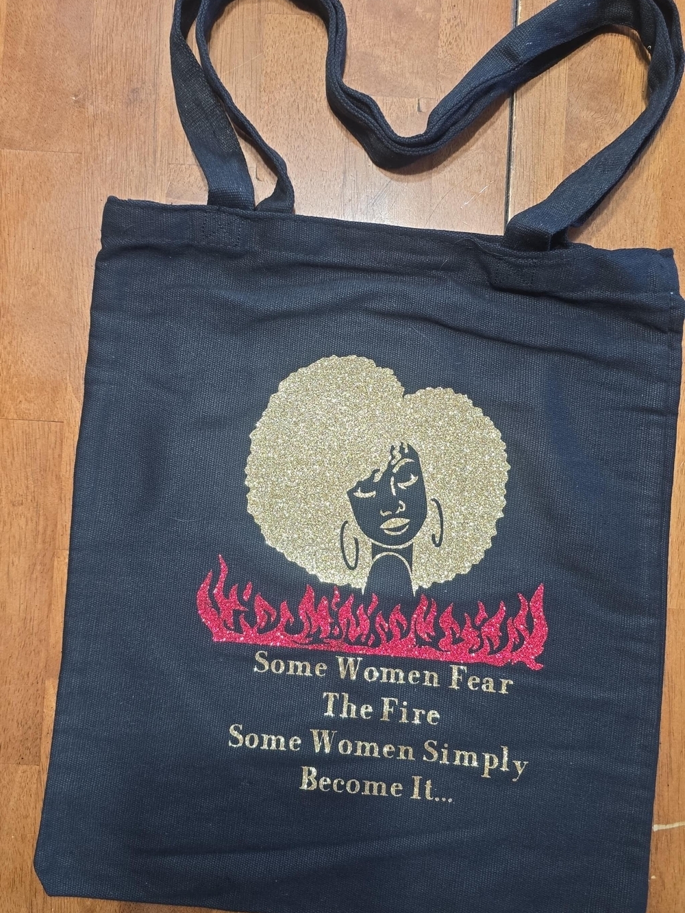Black Heavy Canvas Tote Bag with Gold Afro Graphic and Red Flame Accent